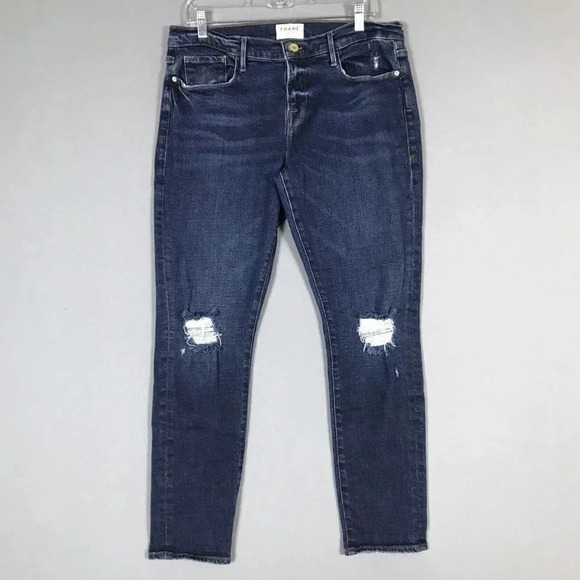 FRAME Le Garcon Size 31 Ankle Slim Boyfriend Jeans Mid Rise Distressed Crop - Picture 1 of 16